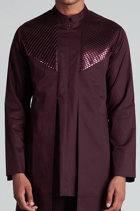Buy Amit Aggarwal Purple Cotton Satin Metallic Longline Shirt Online at Aza Fashions Buy_Amit Aggarwal_Purple Cotton Satin Metallic Longline Shirt_Online_at_Aza_Fashions