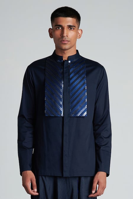 Amit Aggarwal_Blue Cotton Satin Metallic Woven Longline Shirt_Online_at_Aza_Fashions