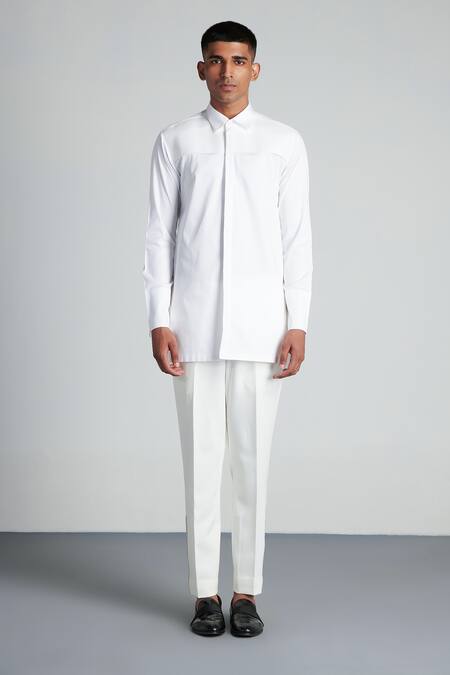 Buy Amit Aggarwal White Cotton Satin Metallic Longline Shirt at Aza Fashions Buy_Amit Aggarwal_White Cotton Satin Metallic Longline Shirt _at_Aza_Fashions