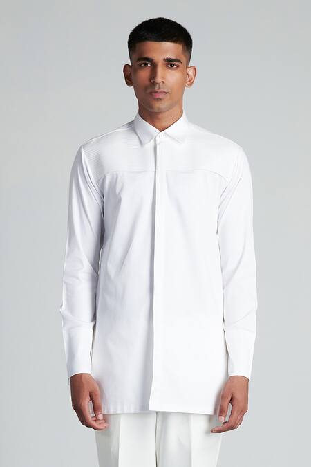 Amit Aggarwal White Cotton Satin Metallic Longline Shirt Online at Aza Fashions Amit Aggarwal_White Cotton Satin Metallic Longline Shirt _Online_at_Aza_Fashions