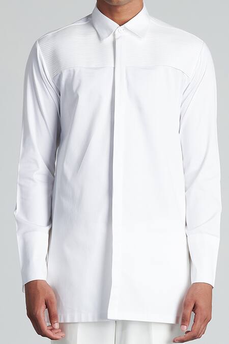 Buy Amit Aggarwal White Cotton Satin Metallic Longline Shirt Online at Aza Fashions Buy_Amit Aggarwal_White Cotton Satin Metallic Longline Shirt _Online_at_Aza_Fashions