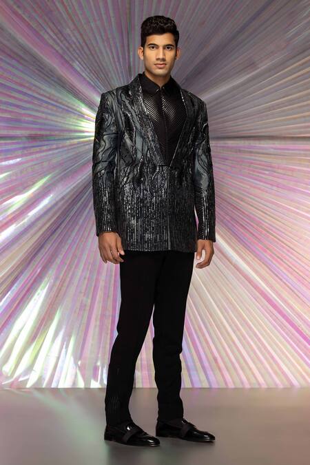 Amit Aggarwal_Black Silk Embellished Cords Metallic Embroidered Tuxedo And Pant Set _Online_at_Aza_Fashions