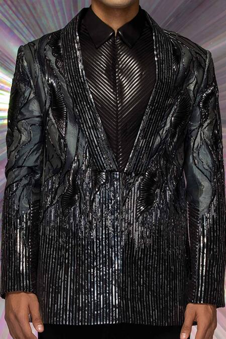 Buy_Amit Aggarwal_Black Silk Embellished Cords Metallic Embroidered Tuxedo And Pant Set _Online_at_Aza_Fashions