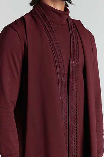 Amit Aggarwal_Maroon Stretch Crepe Asymmetric Waistcoat _Online_at_Aza_Fashions