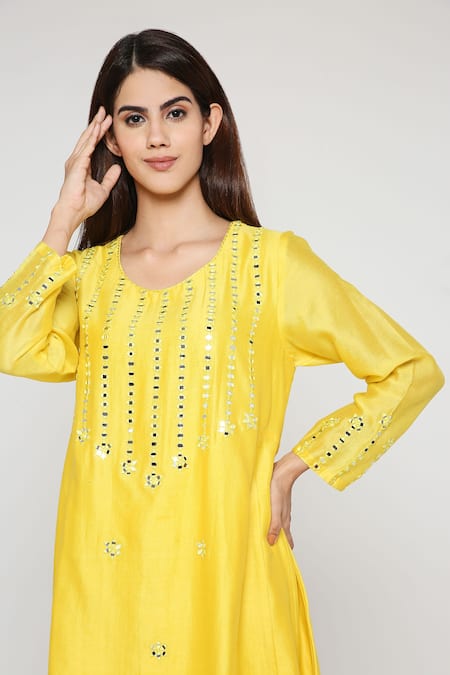 Bha Sha Yellow Chanderi, Satin Mirrors Round Neck Embroidered Kurta Set at Aza Fashions Bha Sha_Yellow Chanderi, Satin Mirrors Round Neck Embroidered Kurta Set _at_Aza_Fashions