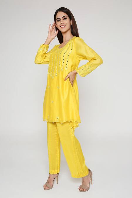 Buy Bha Sha Yellow Chanderi, Satin Mirrors Round Neck Embroidered Kurta Set Online at Aza Fashions Buy_Bha Sha_Yellow Chanderi, Satin Mirrors Round Neck Embroidered Kurta Set _Online_at_Aza_Fashions
