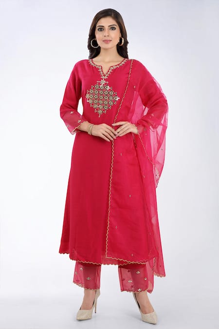 Asaga Pink Cotton Pant Mul Cotton Dupatta Organza, Kurta Chanderi Silk Round Set
