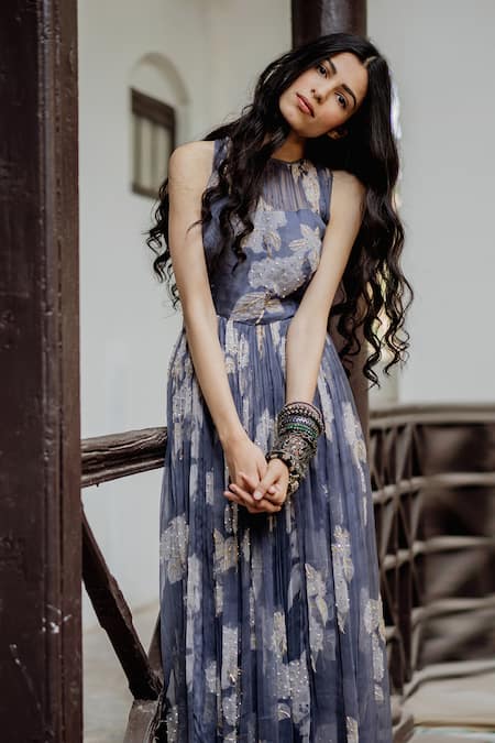 Grey chiffon outlet embellished maxi dress