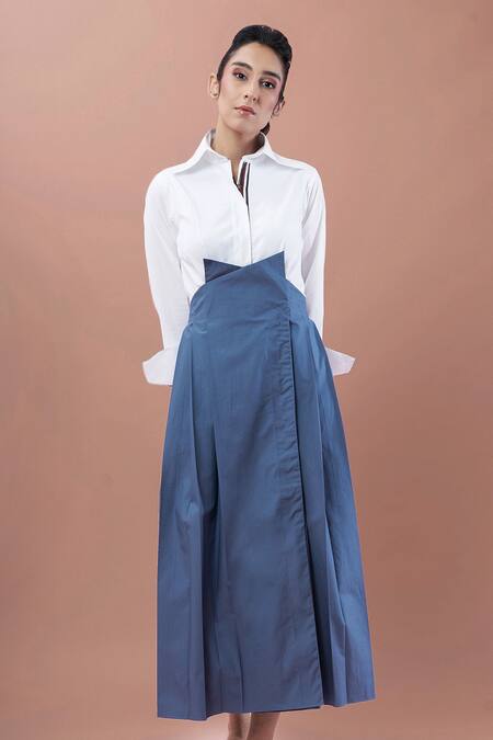 Chillosophy Blue Poplin Straight Collar Pleated Midi Dress
