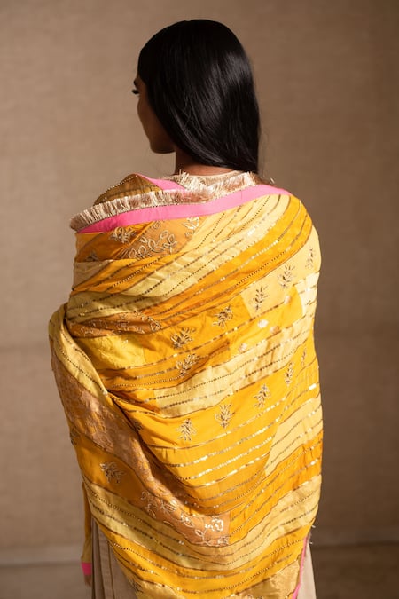 Shop Priyanka Raajiv Yellow Border Handwoven Silk Floral, Stripes Aashi Upcycled Patchwork Dupatta at Aza Fashions Shop_Priyanka Raajiv_Yellow Border Handwoven Silk Floral, Stripes Aashi Upcycled Patchwork Dupatta _at_Aza_Fashions