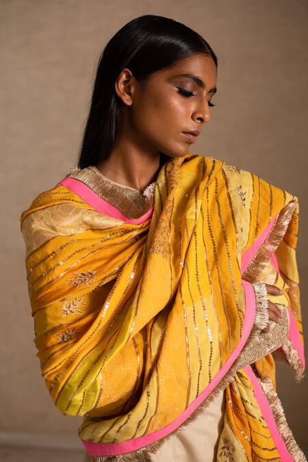 Shop Priyanka Raajiv Yellow Border Handwoven Silk Floral, Stripes Aashi Upcycled Patchwork Dupatta Online at Aza Fashions Shop_Priyanka Raajiv_Yellow Border Handwoven Silk Floral, Stripes Aashi Upcycled Patchwork Dupatta _Online_at_Aza_Fashions