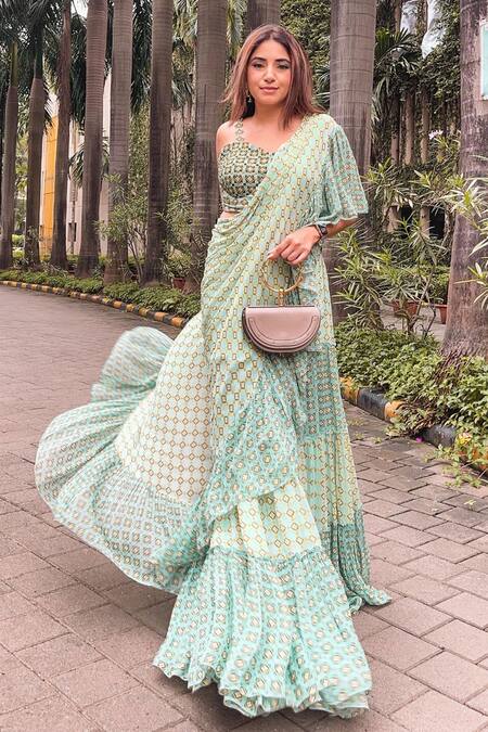 Awigna_Blue Georgette Pre-draped Saree With Corset Blouse_Online_at_Aza_Fashions