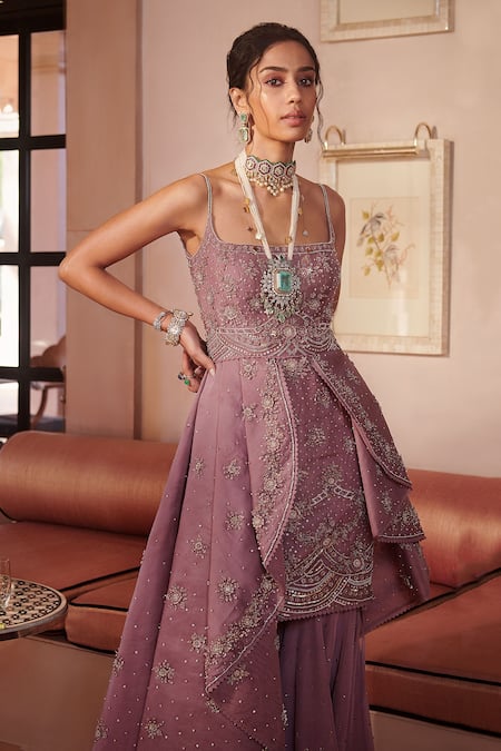 Shop Sahil Kochhar Purple Crepe, Organza Square Neck Aatifa Kurta And Sharara Set at Aza Fashions Shop_Sahil Kochhar_Purple Crepe, Organza Square Neck Aatifa Kurta And Sharara Set _at_Aza_Fashions