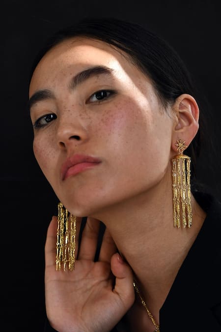 The Loom Art_Gold Plated Chains Starfall Dangle Earrings _Online_at_Aza_Fashions