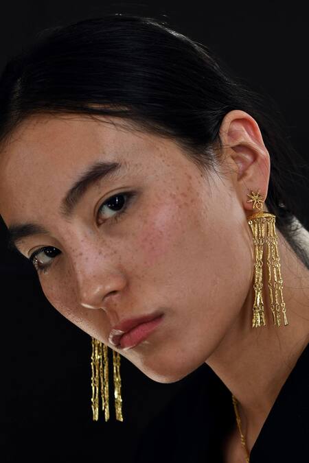 Shop_The Loom Art_Gold Plated Chains Starfall Dangle Earrings _Online_at_Aza_Fashions