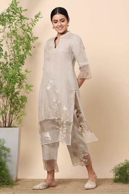 Kaveri_Beige Linen And Embroidery Butterfly Band Kurta & Pant Set _Online_at_Aza_Fashions
