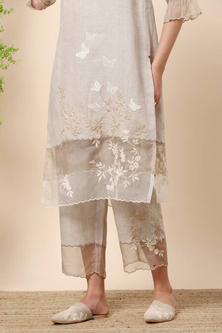 Buy_Kaveri_Beige Linen And Embroidery Butterfly Band Kurta & Pant Set _Online_at_Aza_Fashions
