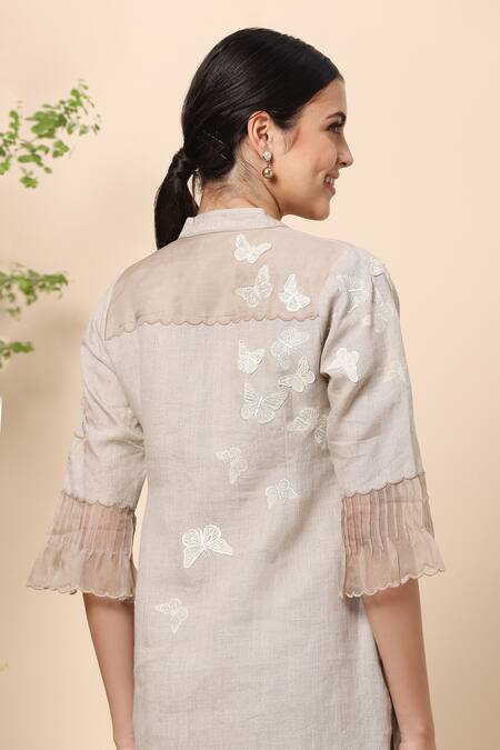 Shop_Kaveri_Beige Linen And Embroidery Butterfly Band Kurta & Pant Set _Online_at_Aza_Fashions