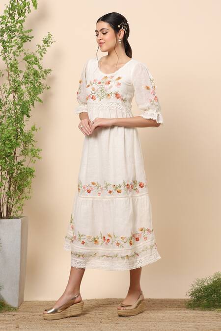 Kaveri_White Linen Thread Round Midi Dress _Online_at_Aza_Fashions