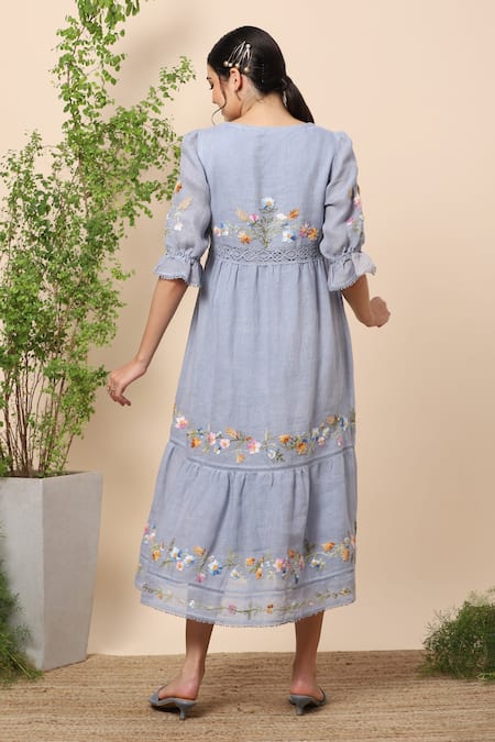 Shop Kaveri Blue Linen Thread Round Midi Dress at Aza Fashions Shop_Kaveri_Blue Linen Thread Round Midi Dress _at_Aza_Fashions