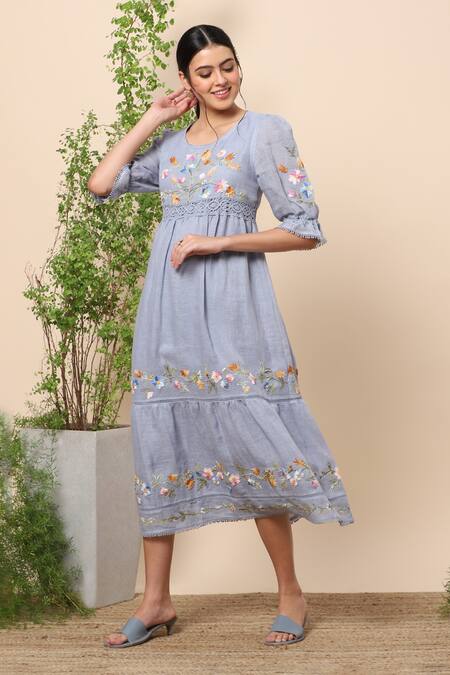 Kaveri Blue Linen Thread Round Midi Dress Online at Aza Fashions Kaveri_Blue Linen Thread Round Midi Dress _Online_at_Aza_Fashions
