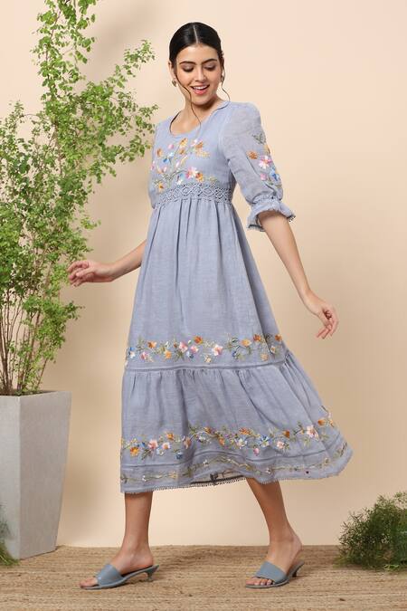 Buy Kaveri Blue Linen Thread Round Midi Dress Online at Aza Fashions Buy_Kaveri_Blue Linen Thread Round Midi Dress _Online_at_Aza_Fashions