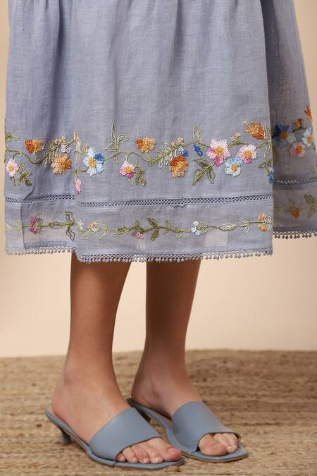 Shop Kaveri Blue Linen Thread Round Midi Dress Online at Aza Fashions Shop_Kaveri_Blue Linen Thread Round Midi Dress _Online_at_Aza_Fashions