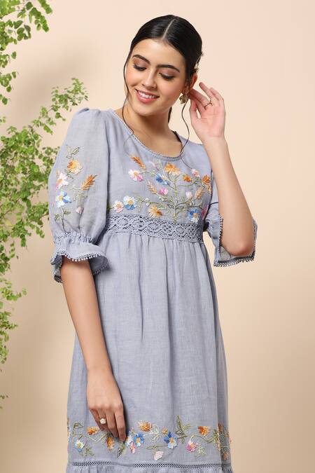 Kaveri Blue Linen Thread Round Midi Dress at Aza Fashions Kaveri_Blue Linen Thread Round Midi Dress _at_Aza_Fashions