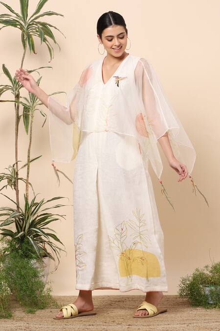 Kaveri_White Linen Leaf Print And Thread V Neck Jumpsuit_Online_at_Aza_Fashions