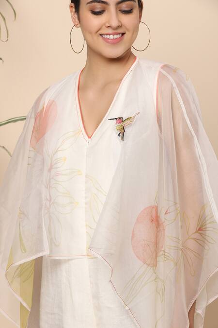 Buy_Kaveri_White Linen Leaf Print And Thread V Neck Jumpsuit_Online_at_Aza_Fashions