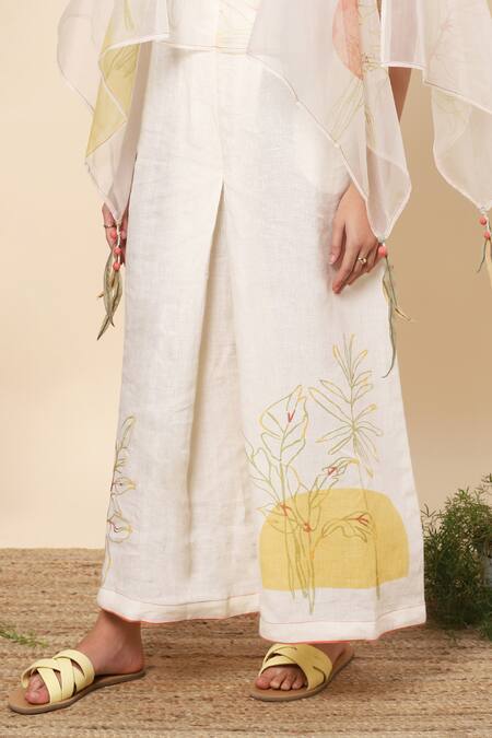 Shop_Kaveri_White Linen Leaf Print And Thread V Neck Jumpsuit_Online_at_Aza_Fashions