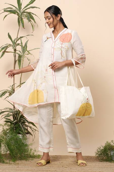 Buy_Kaveri_White Linen Leaf Print And Thread V Neck Kurta & Pant Set_Online_at_Aza_Fashions