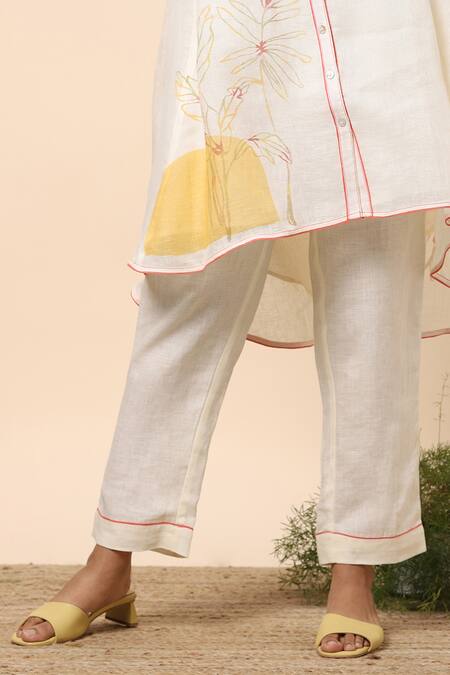Shop_Kaveri_White Linen Leaf Print And Thread V Neck Kurta & Pant Set_Online_at_Aza_Fashions
