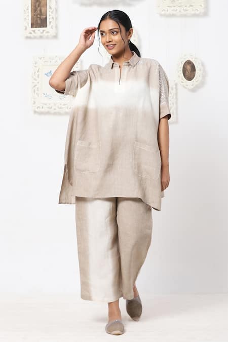 Kaveri Beige Linen Embellishment Studs Collared Neck Top And Pant Set
