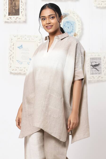 Kaveri_Beige Linen Embellishment Studs Collared Neck Top And Pant Set  _Online_at_Aza_Fashions