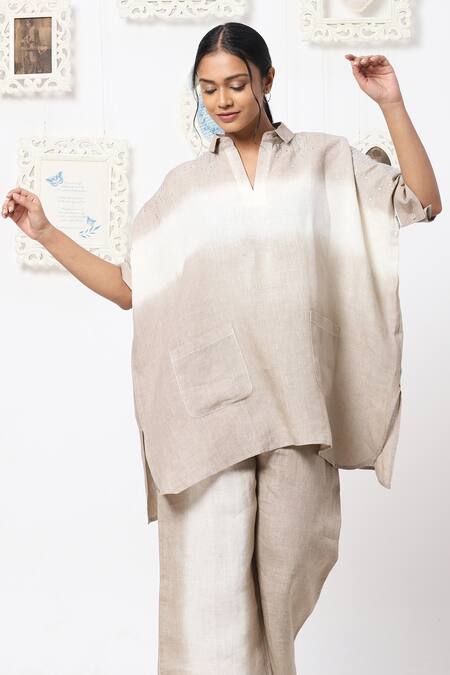 Buy_Kaveri_Beige Linen Embellishment Studs Collared Neck Top And Pant Set  _Online_at_Aza_Fashions