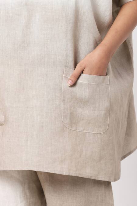 Shop_Kaveri_Beige Linen Embellishment Studs Collared Neck Top And Pant Set  _Online_at_Aza_Fashions