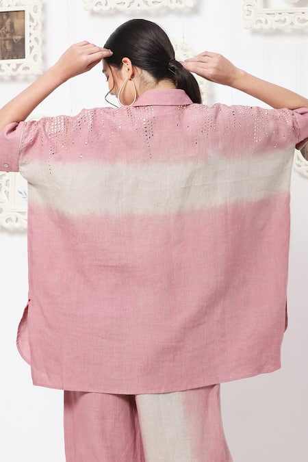 Shop Kaveri Pink Linen Embellishment Studs Collared Neck Top And Pant Set at Aza Fashions Shop_Kaveri_Pink Linen Embellishment Studs Collared Neck Top And Pant Set _at_Aza_Fashions