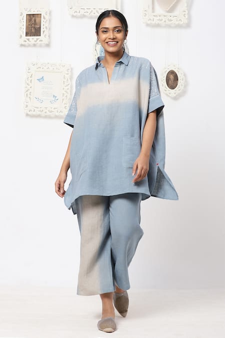 Kaveri Blue Linen Embellishment Studs Collared Neck Top And Pant Set