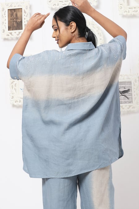 Shop Kaveri Blue Linen Embellishment Studs Collared Neck Top And Pant Set at Aza Fashions Shop_Kaveri_Blue Linen Embellishment Studs Collared Neck Top And Pant Set _at_Aza_Fashions