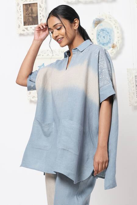 Kaveri Blue Linen Embellishment Studs Collared Neck Top And Pant Set Online at Aza Fashions Kaveri_Blue Linen Embellishment Studs Collared Neck Top And Pant Set _Online_at_Aza_Fashions