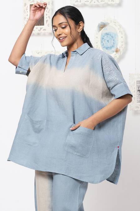 Buy Kaveri Blue Linen Embellishment Studs Collared Neck Top And Pant Set Online at Aza Fashions Buy_Kaveri_Blue Linen Embellishment Studs Collared Neck Top And Pant Set _Online_at_Aza_Fashions