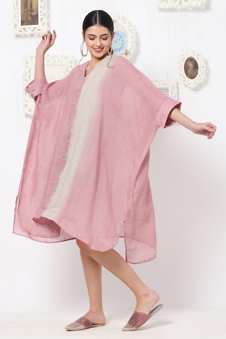 Kaveri Pink Linen Studs V Neck Boxy Dress
