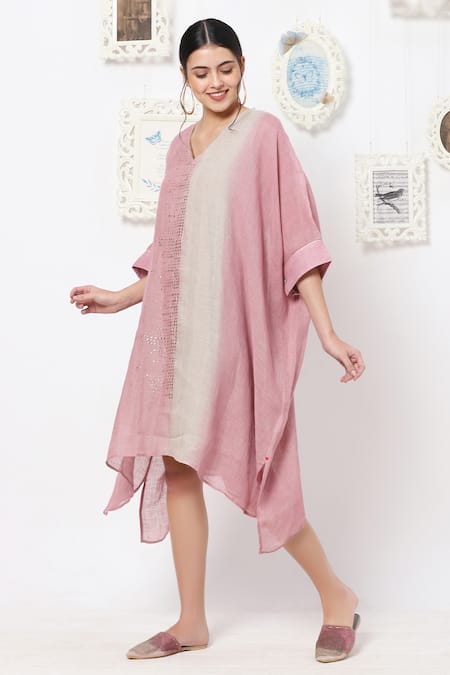 Kaveri Pink Linen Studs V Neck Boxy Dress Online at Aza Fashions Kaveri_Pink Linen Studs V Neck Boxy Dress _Online_at_Aza_Fashions