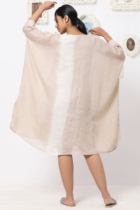 Shop Kaveri Beige Linen Studs V Neck Boxy Dress at Aza Fashions Shop_Kaveri_Beige Linen Studs V Neck Boxy Dress _at_Aza_Fashions