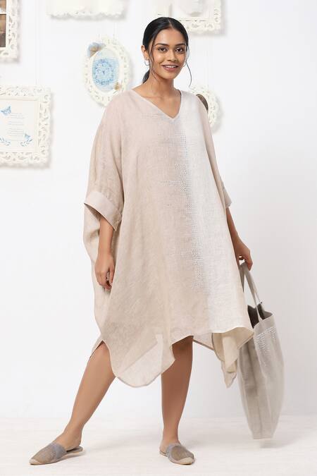 Buy Kaveri Beige Linen Studs V Neck Boxy Dress Online at Aza Fashions Buy_Kaveri_Beige Linen Studs V Neck Boxy Dress _Online_at_Aza_Fashions
