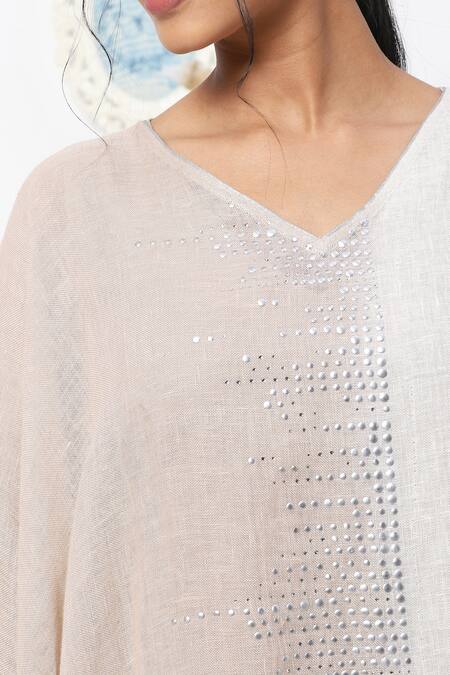 Kaveri Beige Linen Studs V Neck Boxy Dress at Aza Fashions Kaveri_Beige Linen Studs V Neck Boxy Dress _at_Aza_Fashions