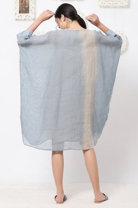 Shop Kaveri Blue Linen Studs V Neck Boxy Dress at Aza Fashions Shop_Kaveri_Blue Linen Studs V Neck Boxy Dress _at_Aza_Fashions