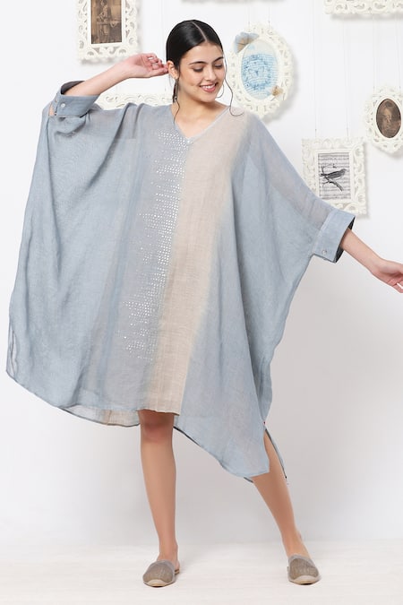 Kaveri Blue Linen Studs V Neck Boxy Dress Online at Aza Fashions Kaveri_Blue Linen Studs V Neck Boxy Dress _Online_at_Aza_Fashions