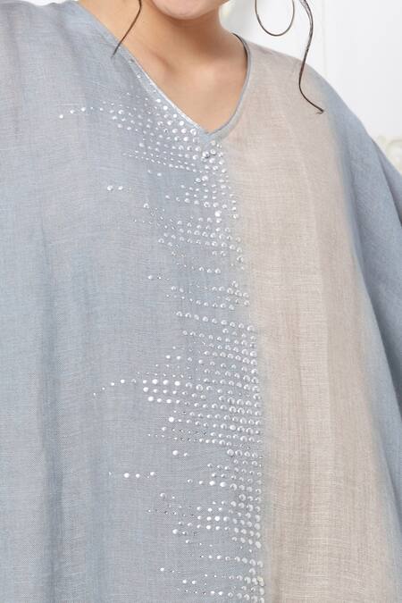 Shop Kaveri Blue Linen Studs V Neck Boxy Dress Online at Aza Fashions Shop_Kaveri_Blue Linen Studs V Neck Boxy Dress _Online_at_Aza_Fashions